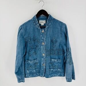 Vintage Flashback Embroidered Denim‎ Jacket Size S Boho Floral Artsy Cottage